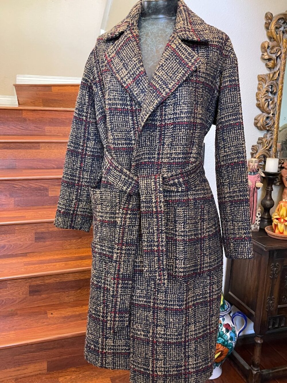 Express Women's Open Belted Overcoat Lined Sz SP Black Gold Red Tweed Long